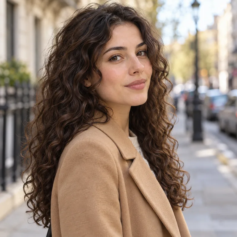 Drag to compare long curly hair with the same woman wearing a short bob (before)
