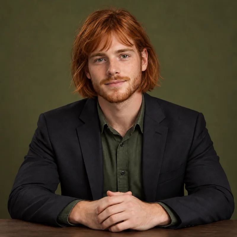Drag to compare a man with short hair and the same man wearing a chin-length bob (after)