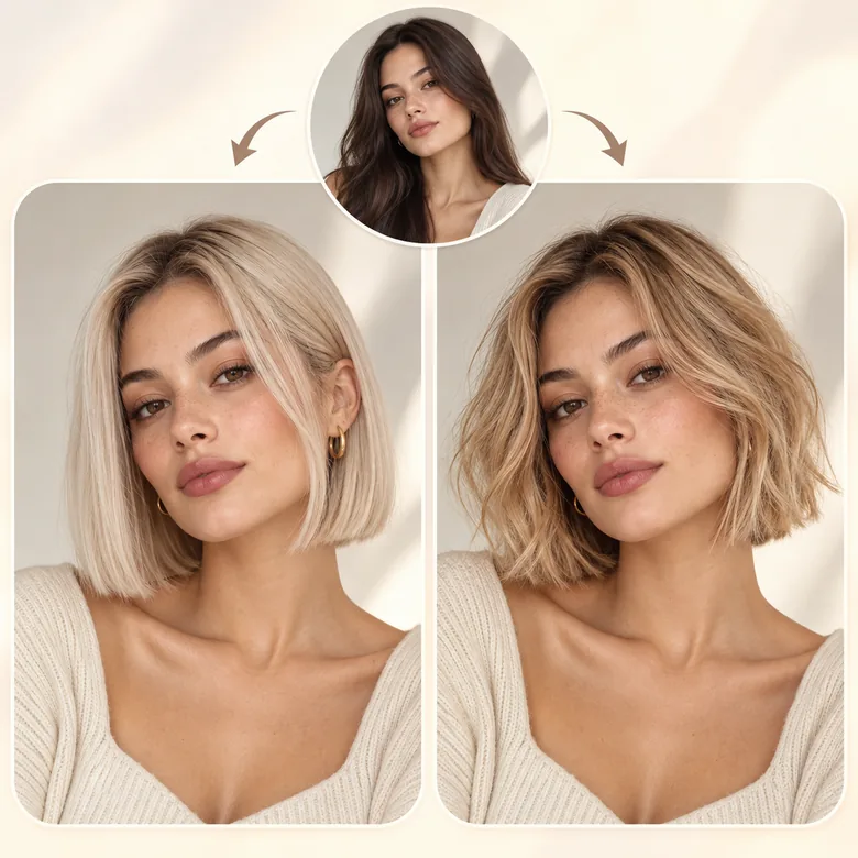A woman with long dark hair shown again with a sleek platinum bob and a textured blonde bob
