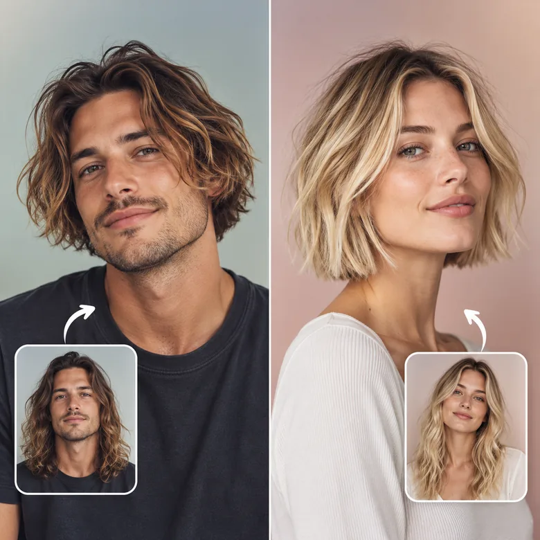 A man shown with a shaggy surfer bob and a woman shown with a textured blonde bob