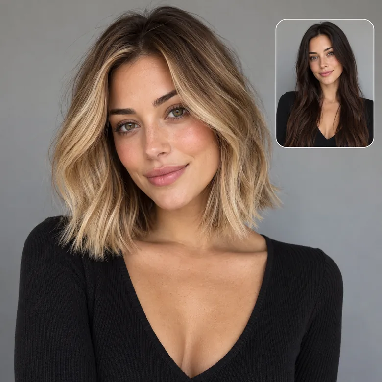 A woman with long dark hair, shown as a small inset, and the same woman with a blonde balayage long bob