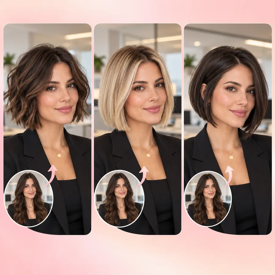 A woman in a black blazer shown with a wavy layered bob, a blonde blunt bob, and a dark inverted bob