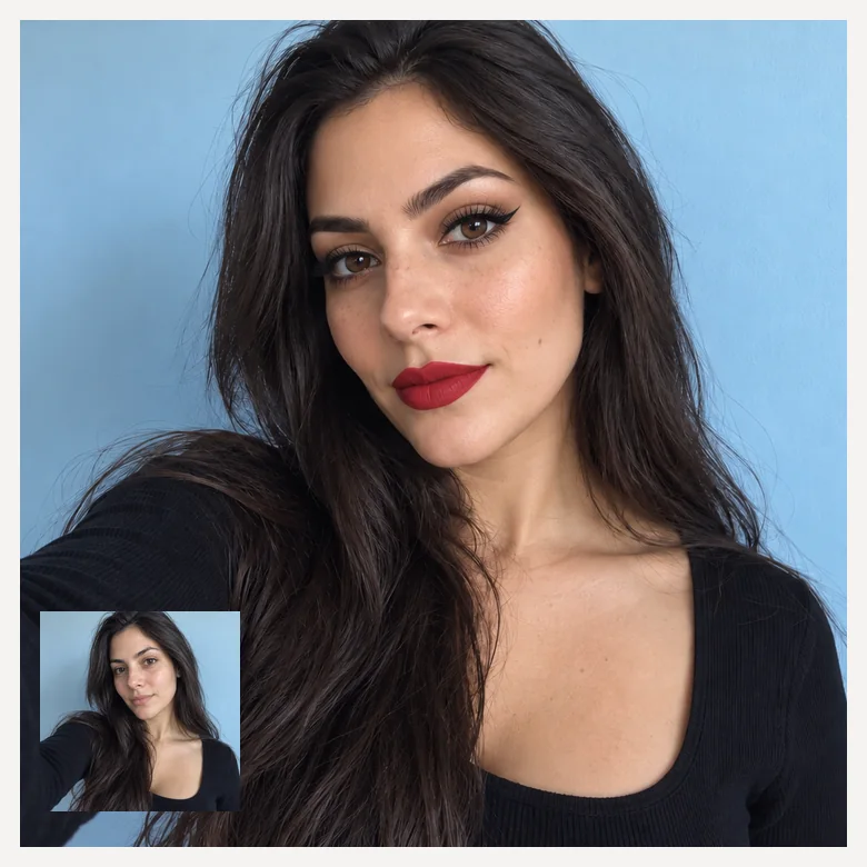A selfie before and after glam makeup with defined brows, lashes and a red lip