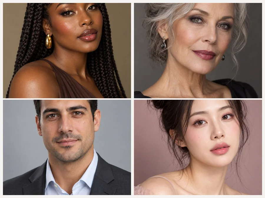 Glam makeup on deep skin, mature skin, a man with subtle grooming and soft pink glam