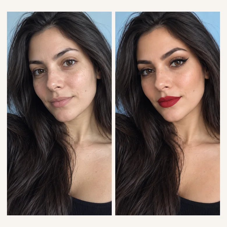 A selfie with bold glamour makeup ready to post