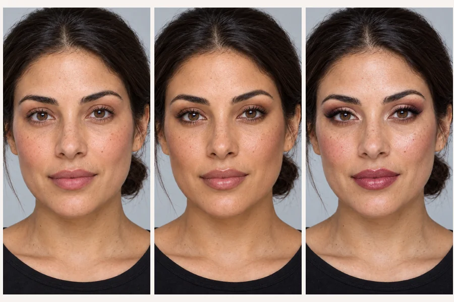 The same woman with soft, medium and full glam makeup