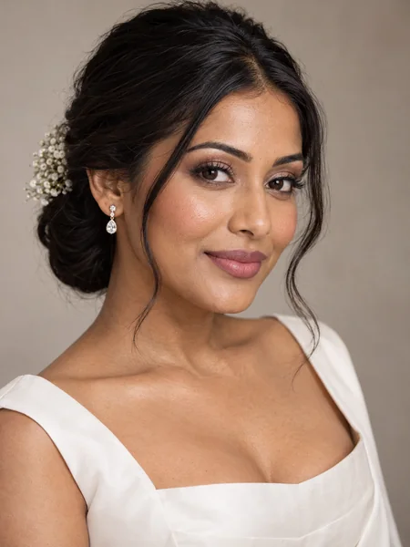 Bride with an elegant updo and luminous glam makeup