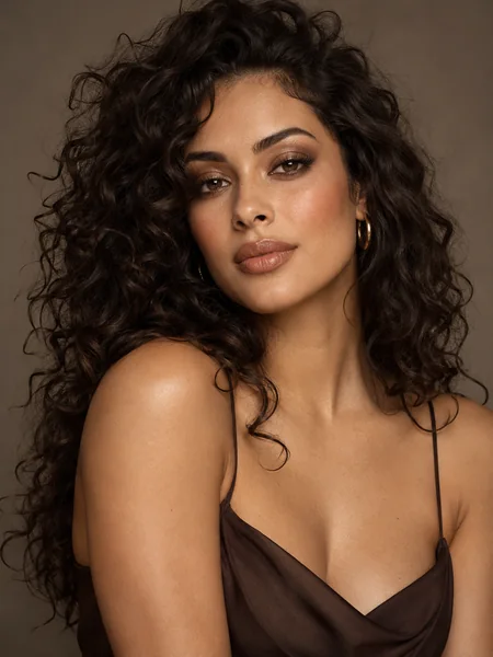 Woman with curly hair and a bronze smoky eye