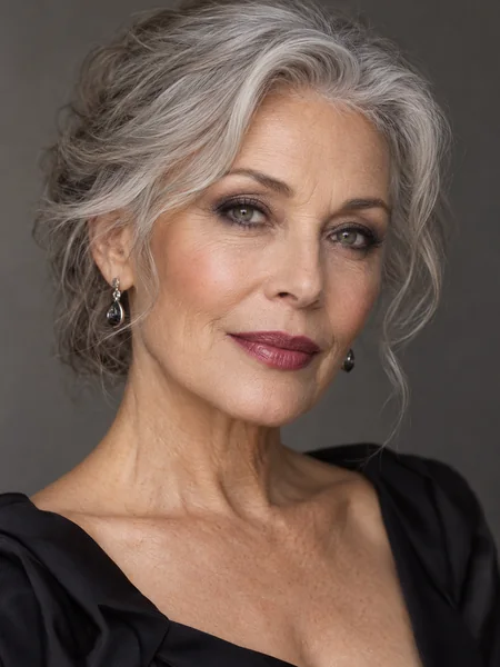 Woman with grey hair and a smoky eye