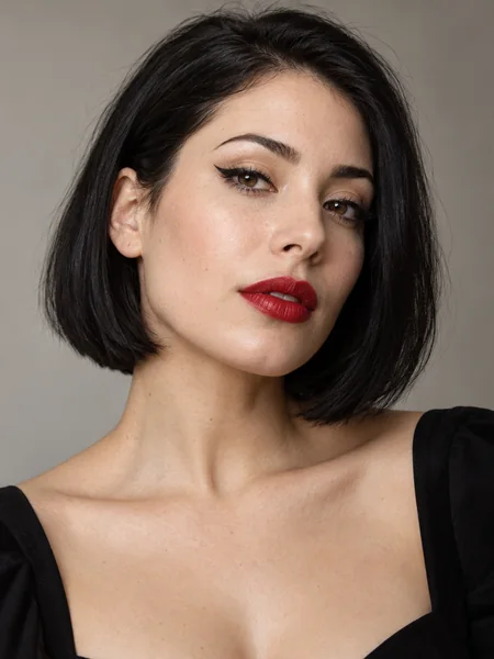 Woman with a sleek bob, winged liner and a red lip