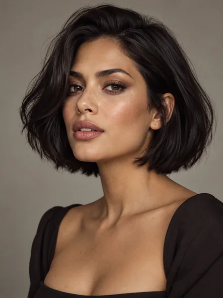 Woman with a short dark bob and sculpted contour