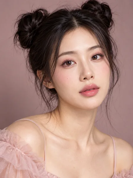 Woman with space buns and soft pink glam makeup
