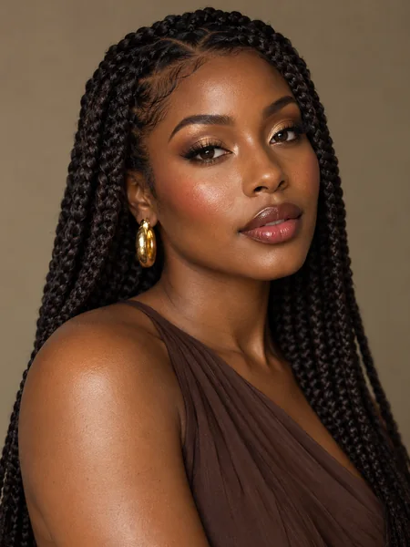 Woman with long braids and warm glowing glam makeup