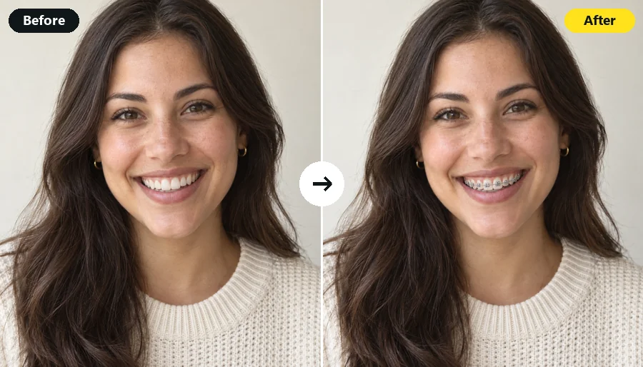 Before and after: a woman’s bare smile and the same smile with metal braces