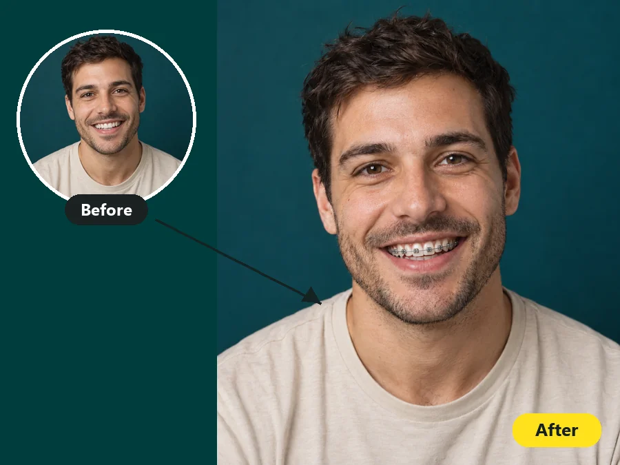 Man smiling with metal braces, with an inset of his original smile without braces