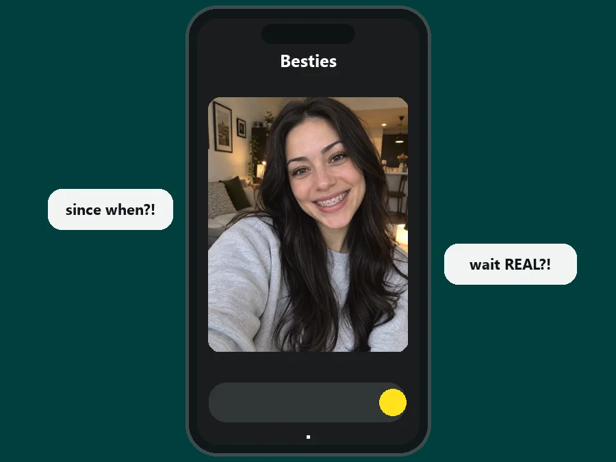 A braces selfie shared in a group chat with surprised reply bubbles