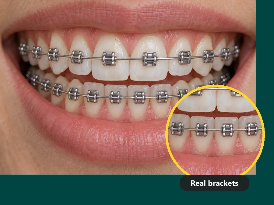 Close-up of a smile with metal braces and a magnified view of two brackets