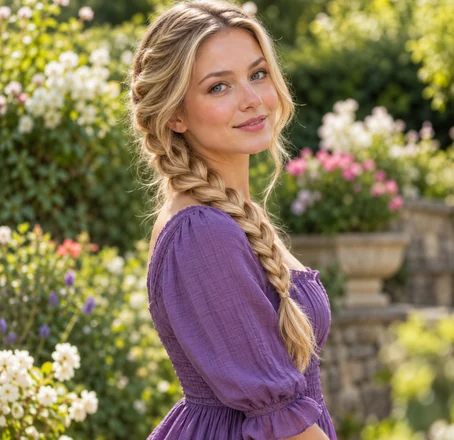 Drag to compare loose blonde waves with the same woman wearing a French braid (after)