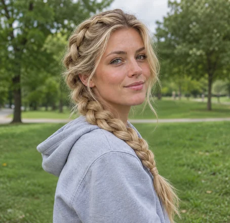 Drag to compare loose blonde hair with the same woman wearing a Dutch braid (after)