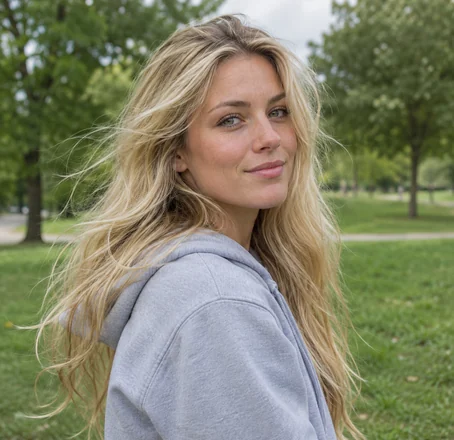 Drag to compare loose blonde hair with the same woman wearing a Dutch braid (before)