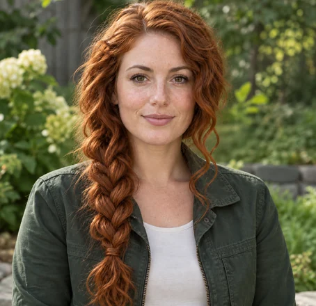 Drag to compare big red curls with the same woman wearing a side braid (after)