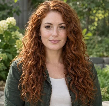 Drag to compare big red curls with the same woman wearing a side braid (before)