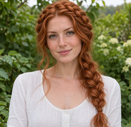 Drag to compare loose red hair with the same woman wearing a braided crown and side braid (after)
