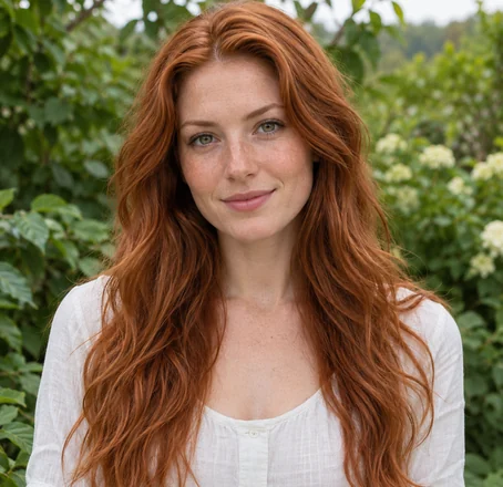 Drag to compare loose red hair with the same woman wearing a braided crown and side braid (before)