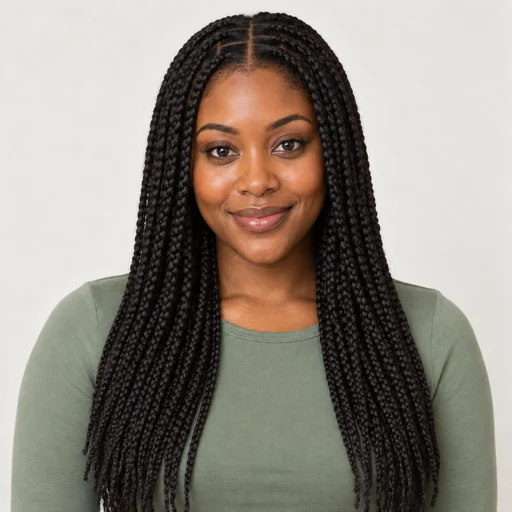 Drag to compare long straight hair with the same woman in box braids (after)
