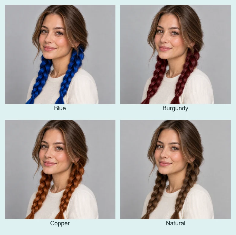 The same woman with two braids shown in blue, red, copper, and brown