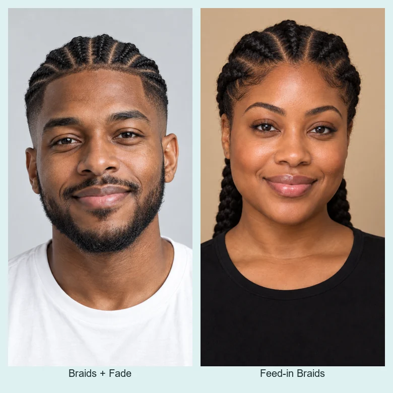 A man with short hair shown with cornrows and a fade, and a woman with long hair shown with feed-in braids