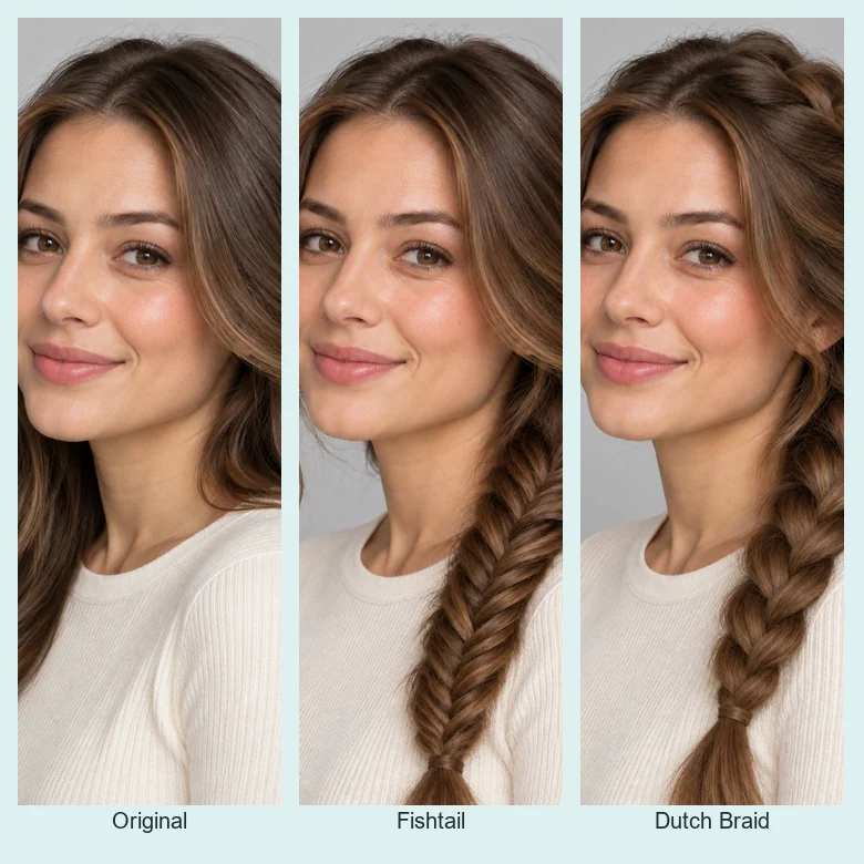 A woman with long straight hair shown again with a fishtail braid