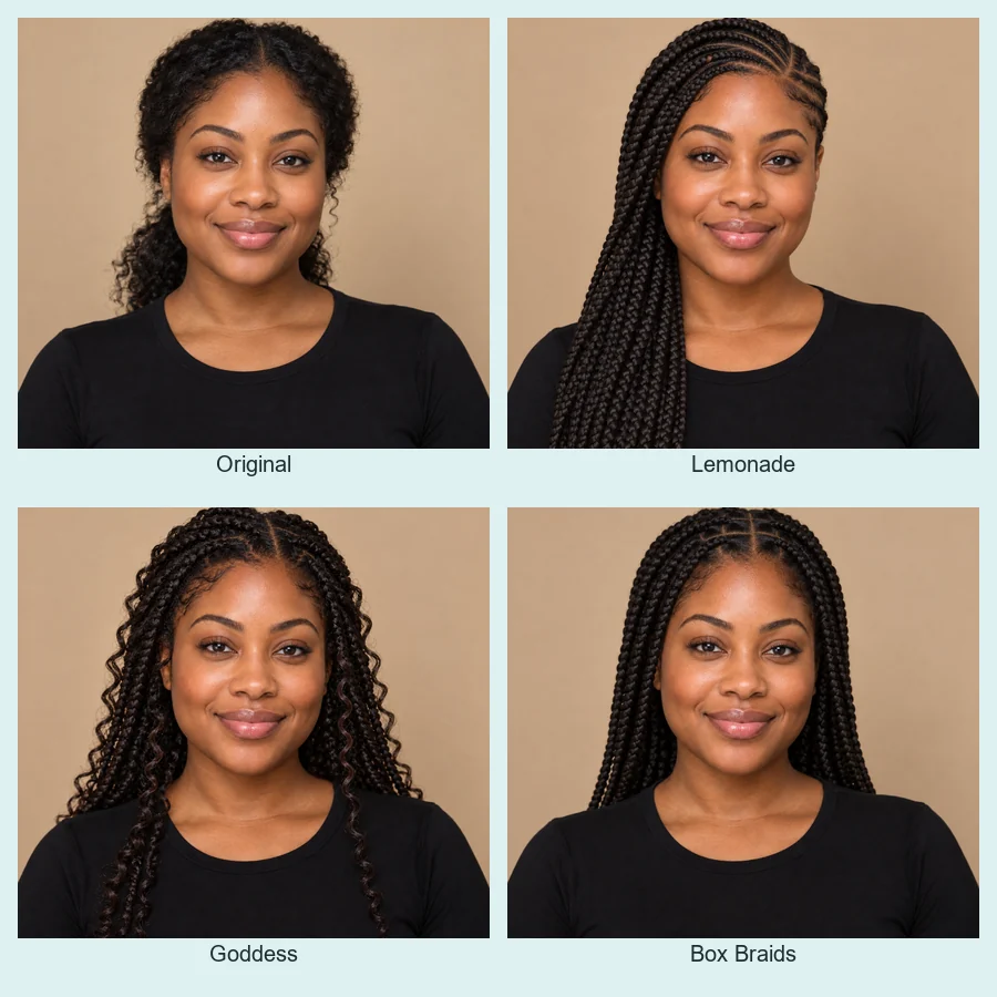 A woman with long straight hair shown with lemonade braids, goddess braids, and box braids