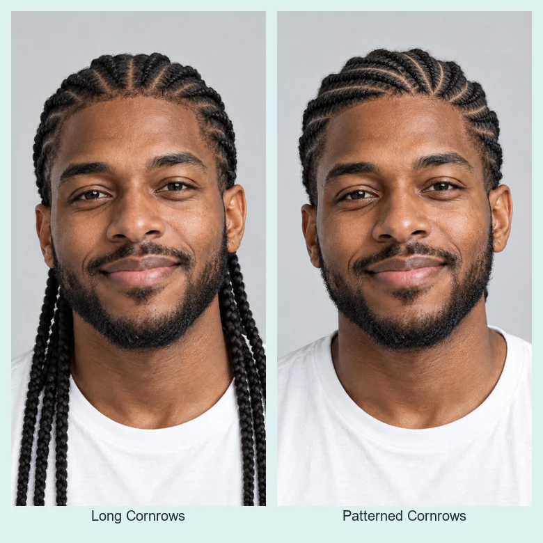 A man shown with long cornrows into braids and with patterned cornrows