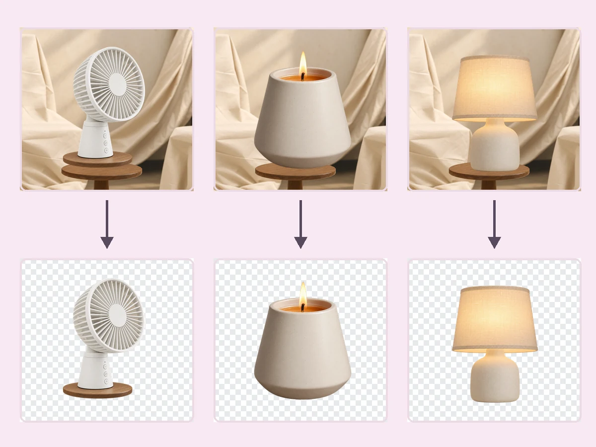Three home-decor product photos and the same products cut out on transparent backgrounds
