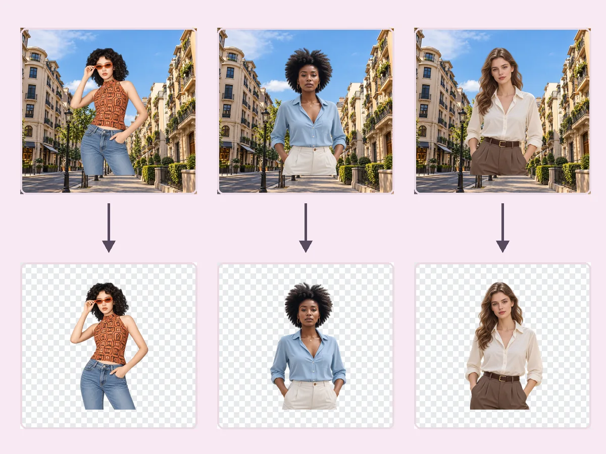 Three portraits in different locations and the same people cut out on transparent backgrounds