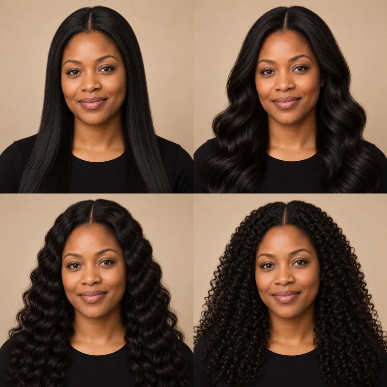 The same woman with long straight, body wave, kinky curly, and braided hair, each with a middle part