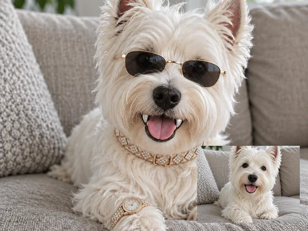 A terrier in sunglasses wearing a diamond grill and an iced-out watch, with an inset of the original photo