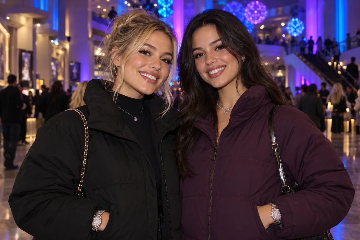 Two friends at a club flashing diamond grillz, chains, and iced-out watches
