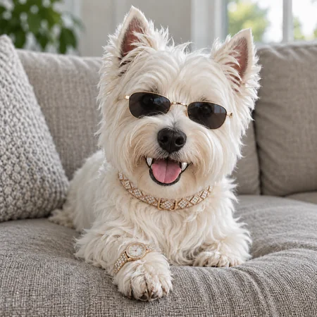 White terrier in sunglasses with a diamond grill and an iced-out watch