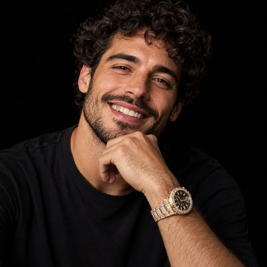 Man with curly hair smiling with diamond grillz and an iced watch in a dark studio