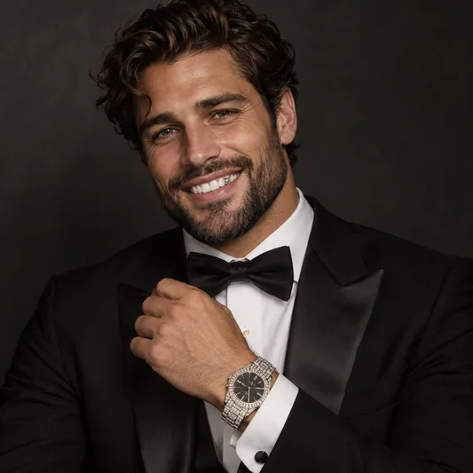Man in a tuxedo with slicked hair, diamond grillz, and an iced-out watch