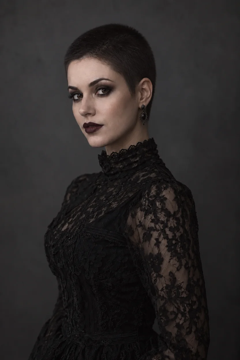 Drag to compare the goth portrait before and after the buzz cut filter (after)