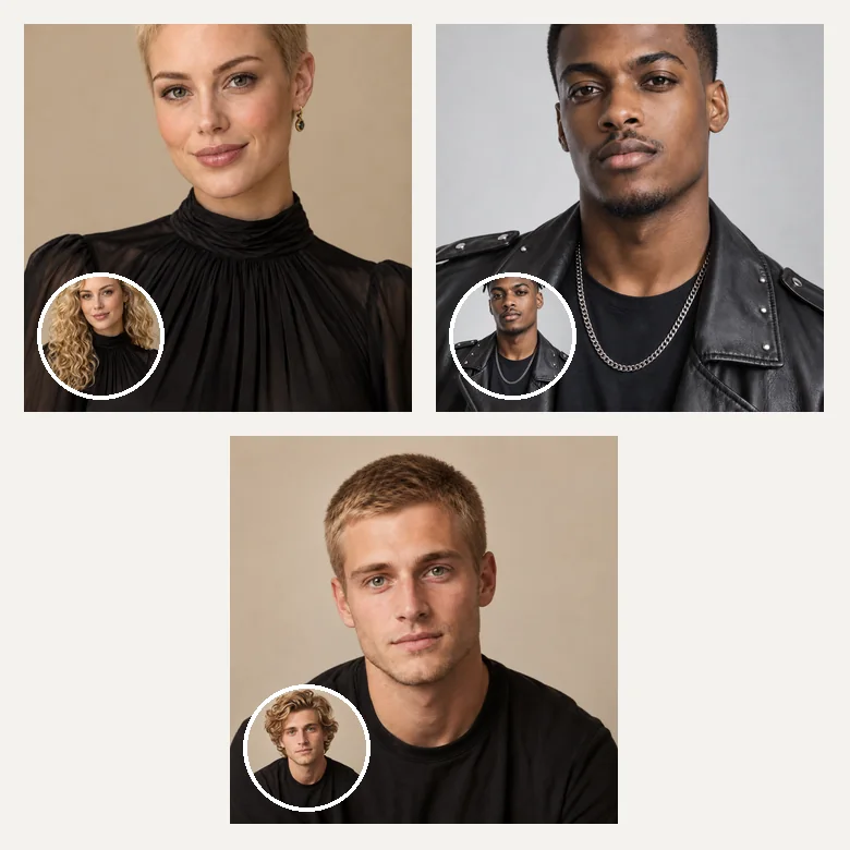 Men and women shown before and after different AI buzz cut styles