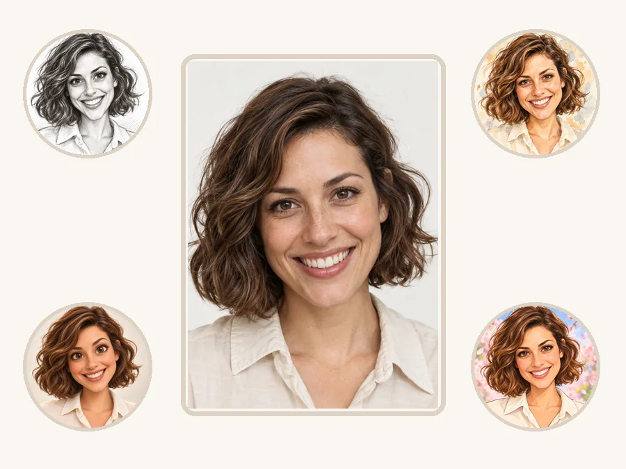 One portrait turned into four caricature styles arranged around the original photo