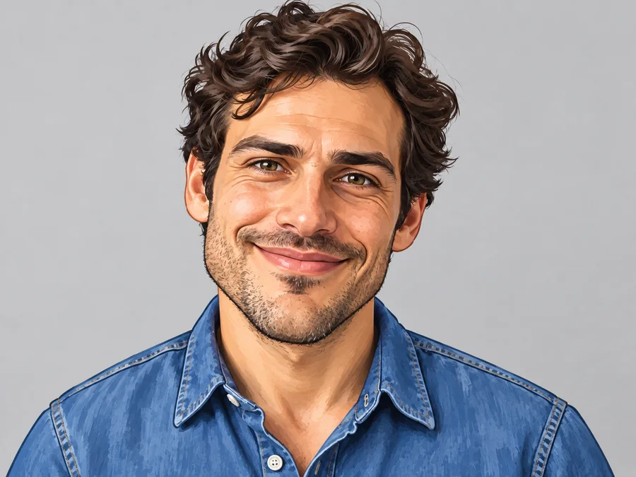 Drag to compare a headshot and its caricature avatar (after)
