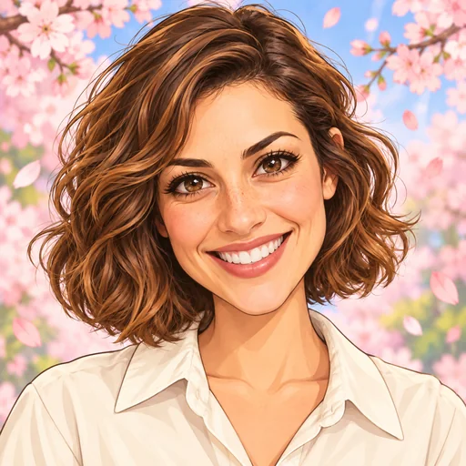 Anime-style caricature of a character with colorful hair under cherry blossoms