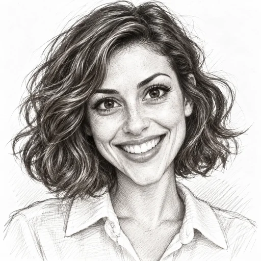 Pencil sketch caricature of a smiling woman with oversized eyes