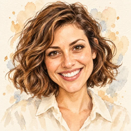Watercolor caricature of a man with an exaggerated nose and big smile