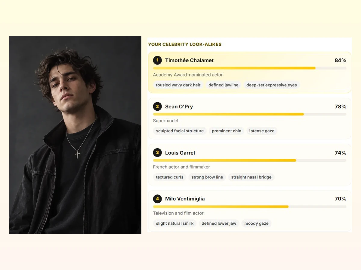 Four celebrity look alikes ranked for a sample photo of a dark-haired man: actors and a supermodel, each with shared features